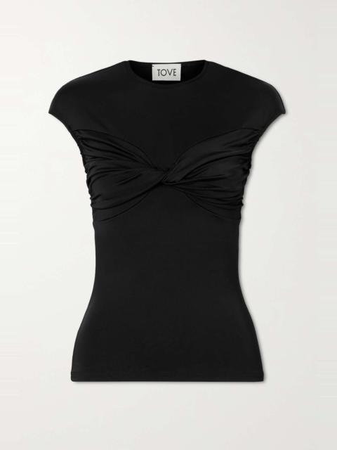 Paola twist-front satin and stretch-jersey top