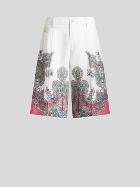 LINEN SHORTS WITH PLACED FLORAL PAISLEY PRINT