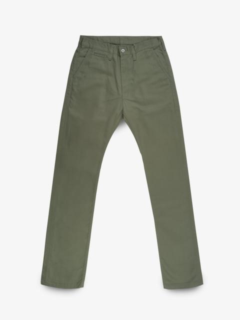 IH-727-OLV 9OZ MERCERISED SELVEDGE COTTON RELAXED TAPERED CUT CHINOS - OLIVE