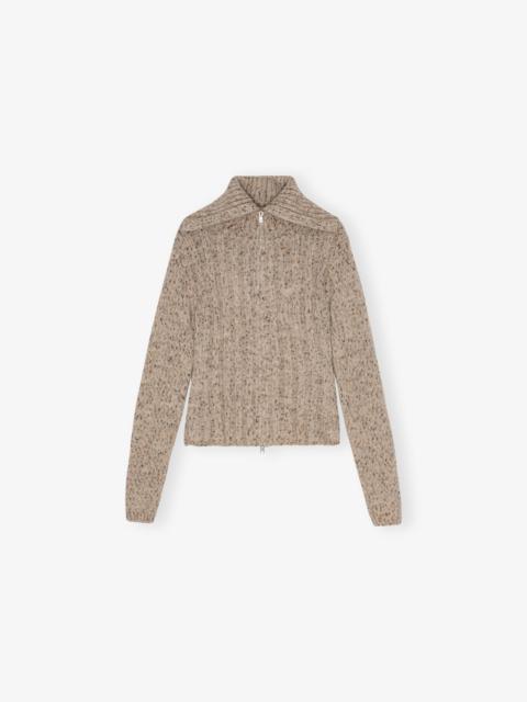 BROWN HIGHNECK ZIP CARDIGAN