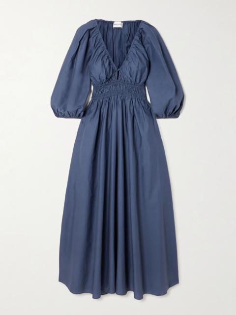 Shirred organic cotton-poplin maxi dress Blue