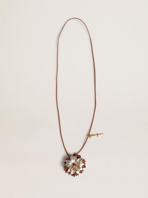 Pendant flower charm in tan and champagne leather