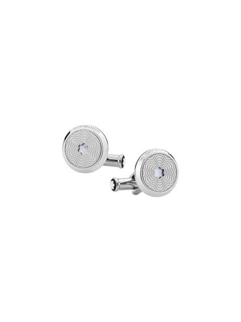 Cufflinks, round in stainless steel with exploding star pattern and mother-of-pearl snowcap emblem