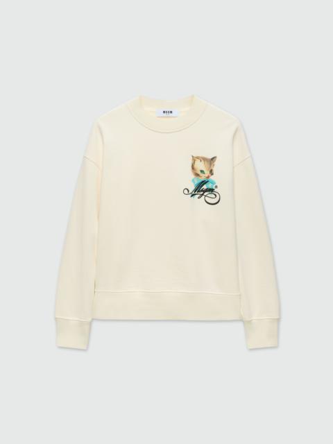 Ivory jersey sweatshirt with "Cute Kitty" graphic and cursive MSGM logo
