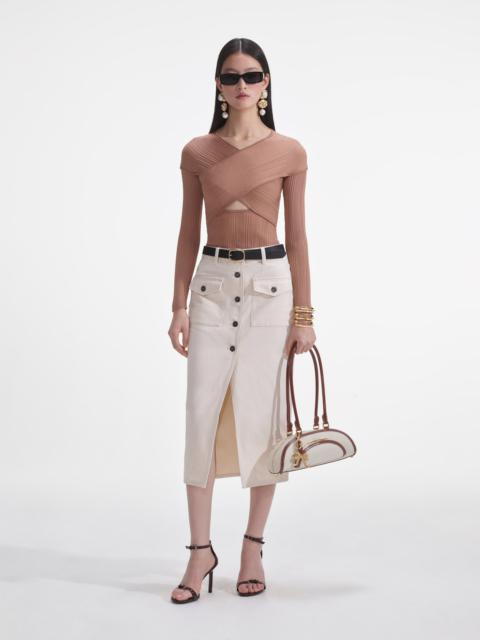 Beige Ribbed Knit Wrap Top