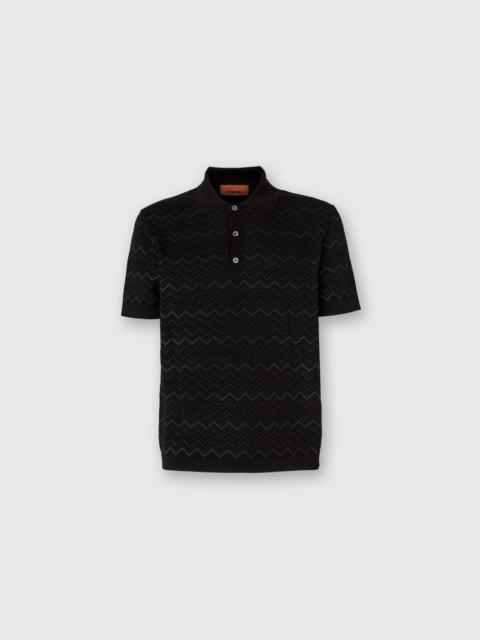 Knitted polo shirt in a cotton and viscose blend zigzag