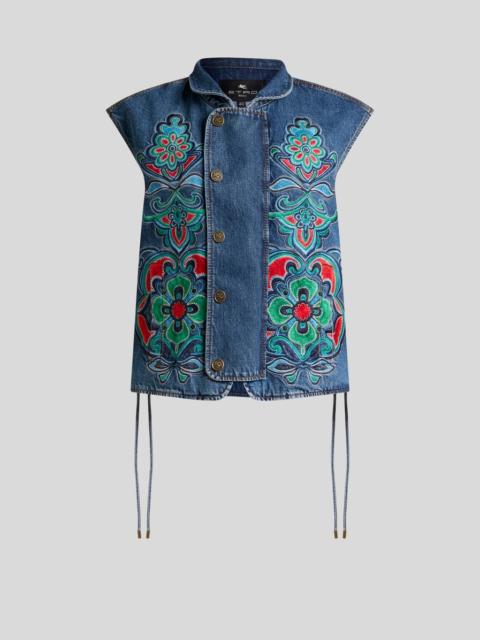 DENIM VEST WITH FLORAL MOTIF
