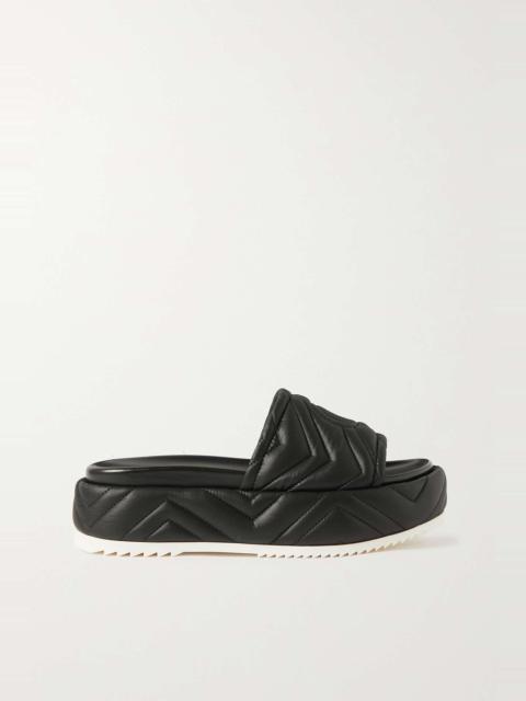 Quilted embroidered faux leather platform slides