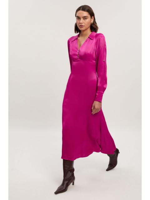 Petite Viscose Satin V Neck Long Sleeve Woven Midi Dress