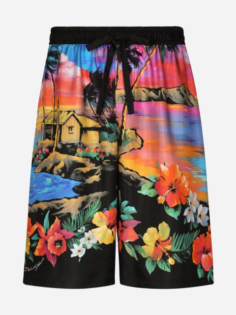Silk twill jogging shorts with Hawaiian print