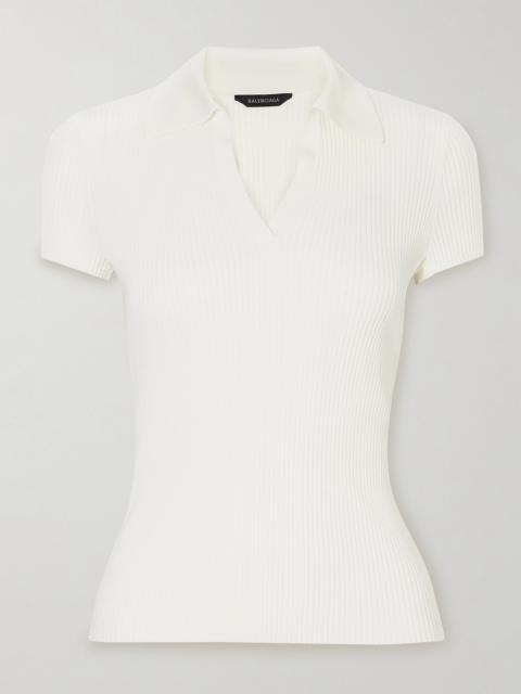 Embroidered Ribbed Wool-blend Polo Shirt
