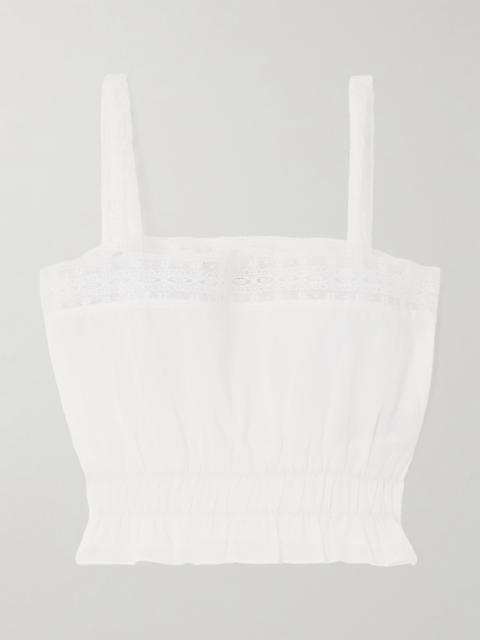 Camille Cropped Lace-trimmed Shirred Cotton-poplin Top