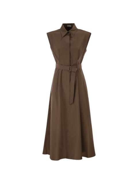 classic-collar belted sleeveless midi dress