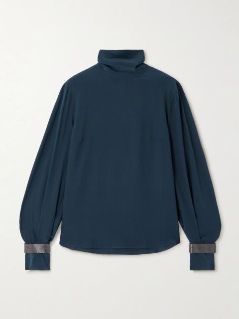 Bead-embellished silk crepe de chine turtleneck blouse Navy