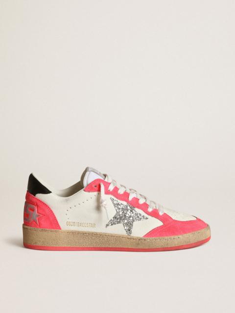 Ball Star sneakers in white nappa leather with silver glitter star and fluorescent lobster-colored s