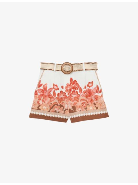 Samira Floral-Print Belted Linen Shorts