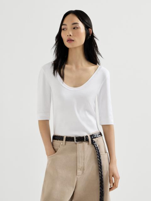 Stretch cotton ribbed jersey T-shirt with monili