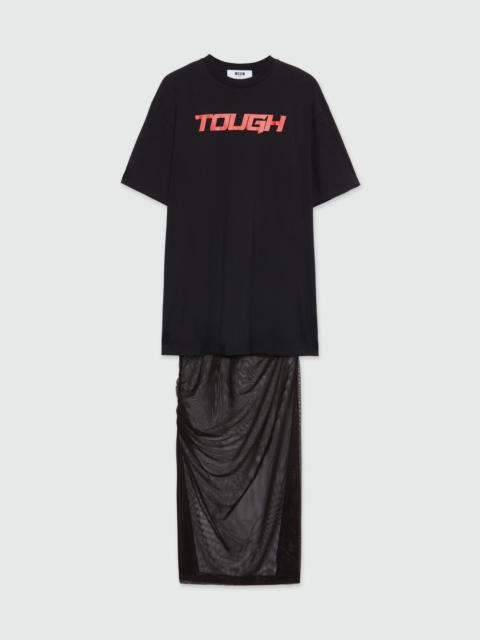 Long black dress in mixed tulle with "TOUGH" print