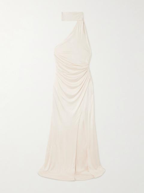 One-shoulder Paneled Ruched Satin-jersey Halterneck Gown