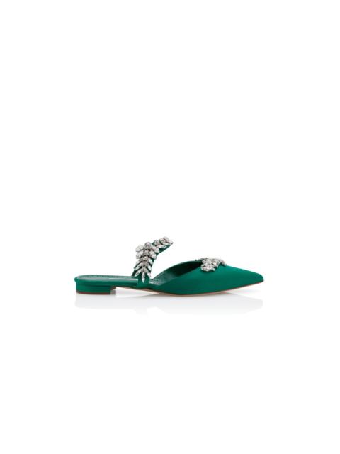 Green Satin Crystal Embellished Flat Mules