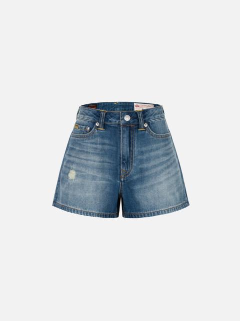 Deconstructed Seagull and Logo Applique Relax Fit Denim Shorts