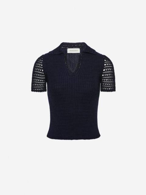Ribbed polo knit top in navy