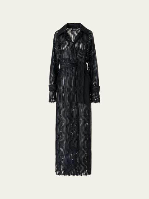 Wave Embroidered Single-Breasted Long Coat