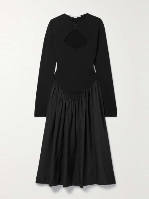 Cutout stretch-knit and gathered silk-satin midi dress