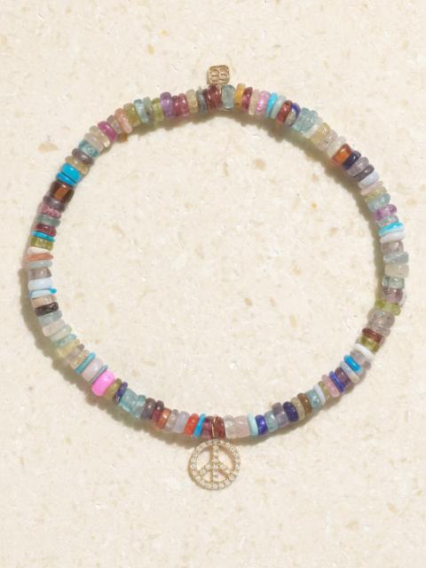 Mini Peace Sign 14-karat Gold, Diamond And Bead Bracelet