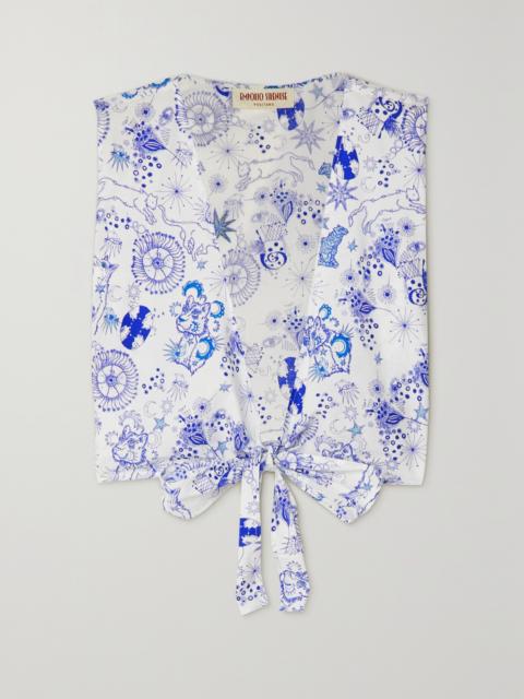 Sonia Cropped Bow-detailed Printed Cotton-poplin Top