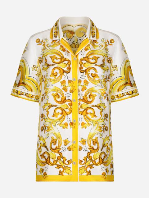 Short-sleeved silk twill shirt with majolica print