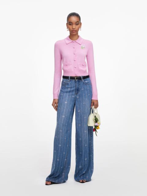 Pink Flower Embroidered Knit Cardigan