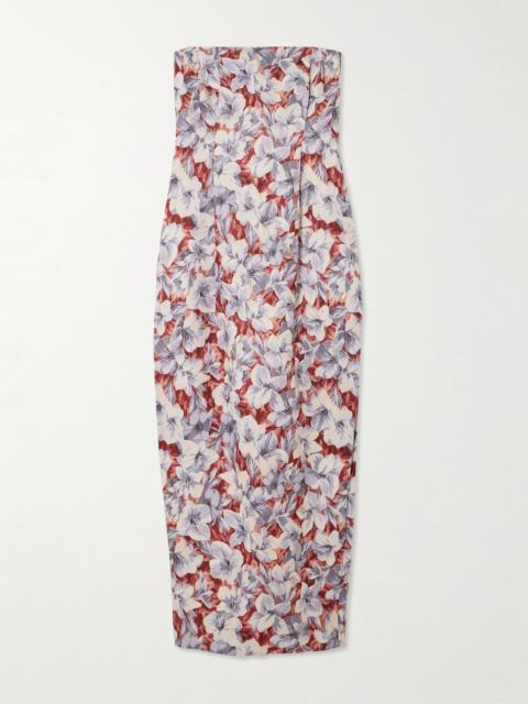 Rosalie strapless pleated floral-print linen midi dress Multi