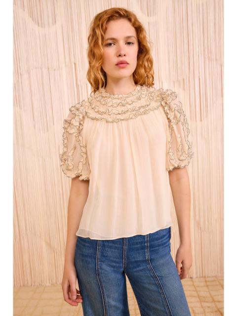 Isolda Silk Smocked Short Sleeve Blouse