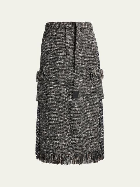 Mixed-Media Tweed Belted Midi Skirt
