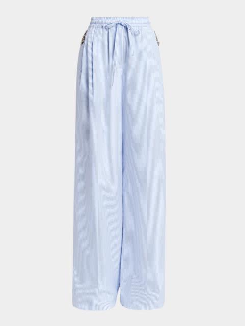 Embellished Striped Wide-Leg Pull-On Pants