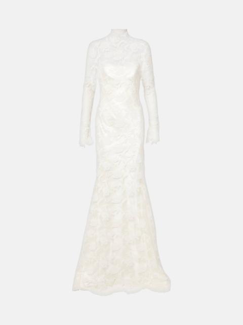 Bridal Adena floral lace-trimmed wool and silk gown