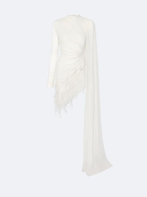 Mesh High Neck Cape Dress With Feathers