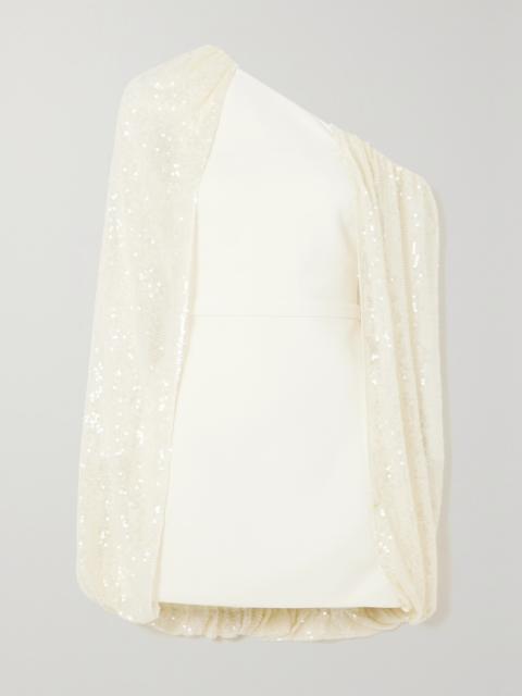 Janie One-shoulder Crepe And Sequined Tulle Mini Dress