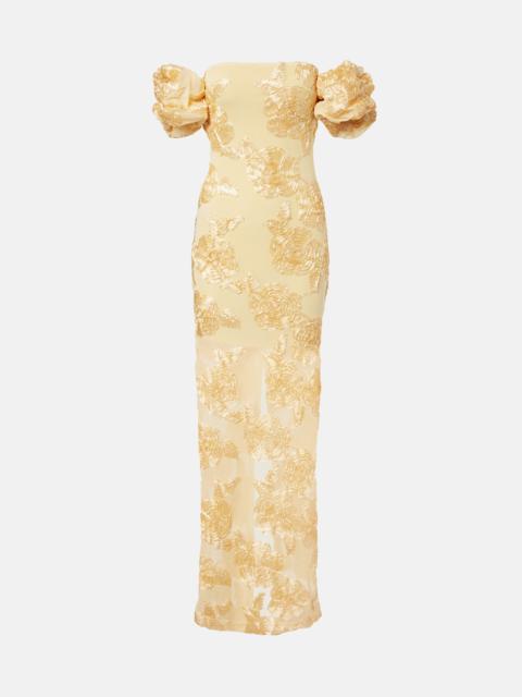 Floral-appliqué off-shoulder maxi dress