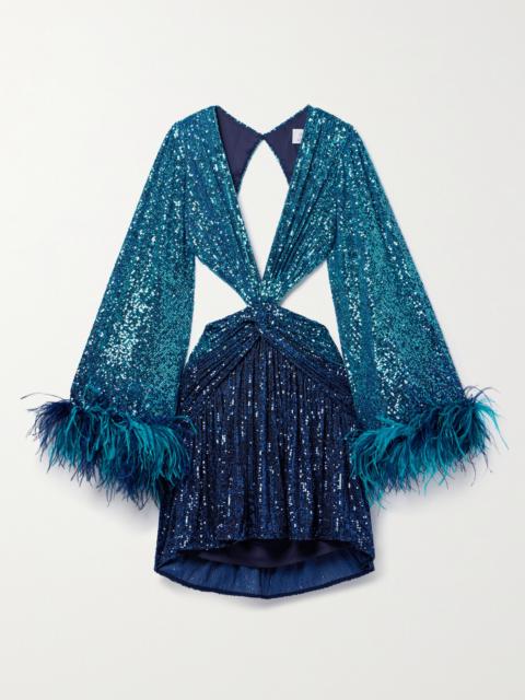 + Alessandra Ambrosio Cutout Feather-trimmed Sequined Tulle Mini Dress