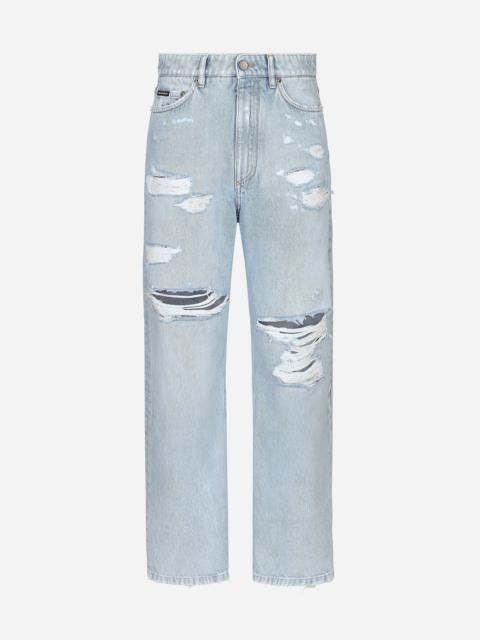 Cotton denim boyfriend jeans with rips