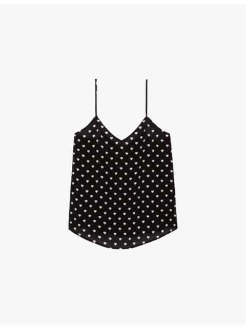 Heart-Print V-Neck Satin Top