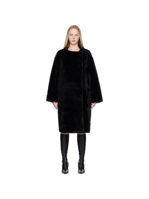 Black Collarless Shearling Coat