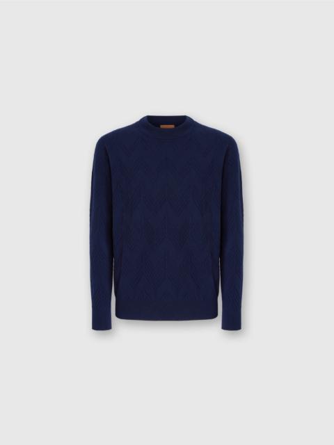 Crew neck sweater in pure cashmere with chevron pattern