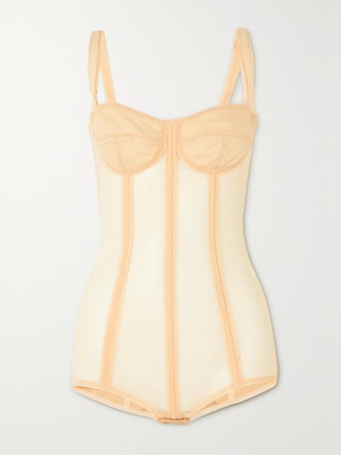 Lace-trimmed Stretch-tulle Bodysuit