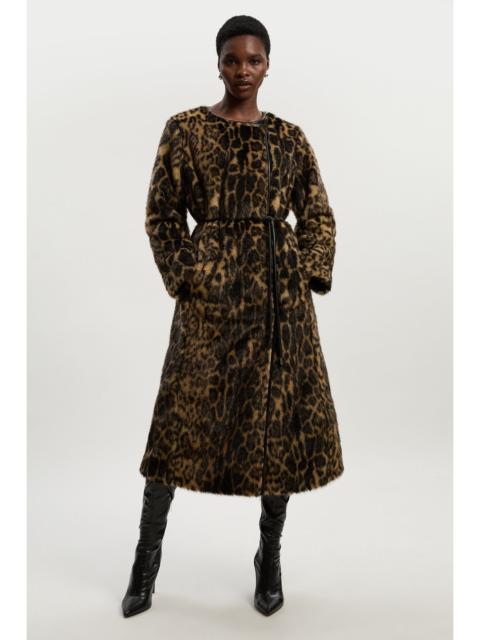 Faux Fur Leopard Collarless Tie Belted Midi Coat