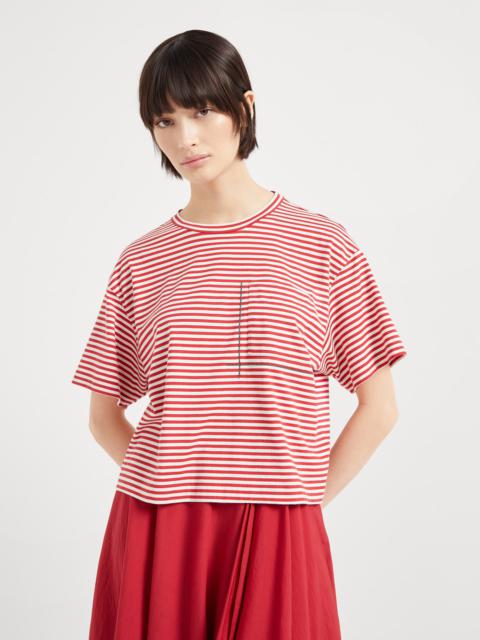 Cotton striped jersey cropped t-shirt with shiny pocket detail