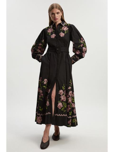 Rose Embroidered Cotton Twill Woven Shirt Dress With Eyelets