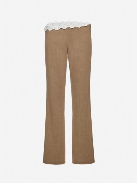 Low-rise wool trousers with lace waistband in beige